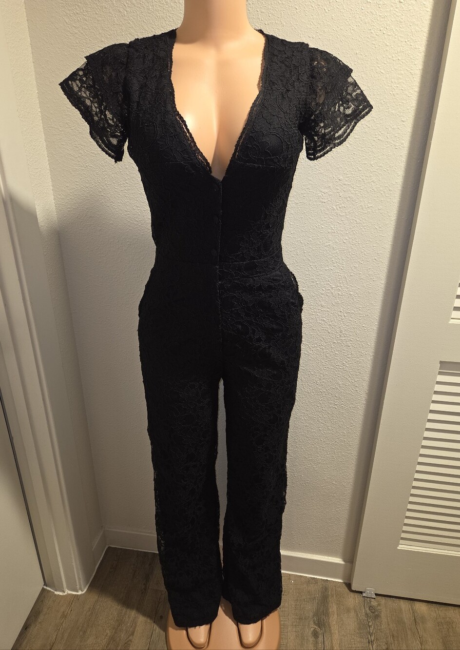 Black Lace Jumpsuit - Women's V-Neck Short Sleeve